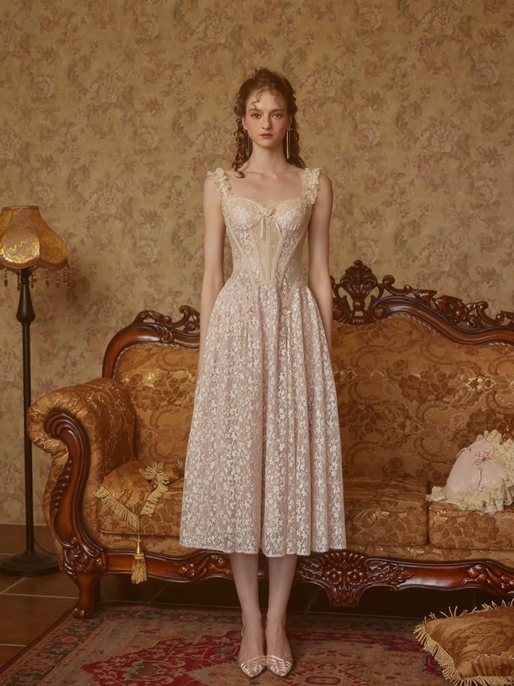 Lacemade váy ren hoa dáng dài corset tiểu thư cổ điển_Y23