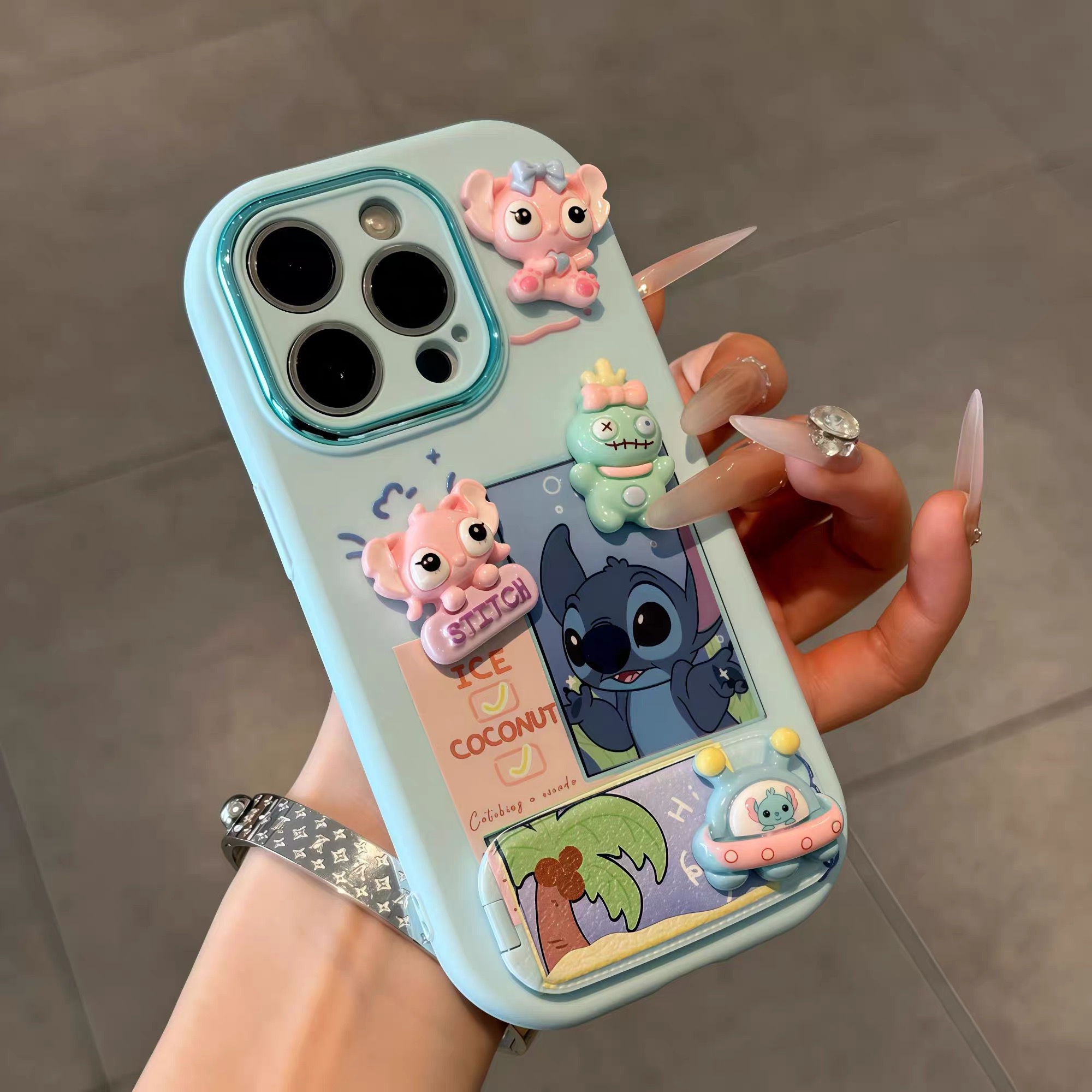Ốp lưng Stitch hoạt hình kèm gương_O140 (Iphone, Huawei, Honor, OPPO, Vivo, Xiaomi & Redmi)