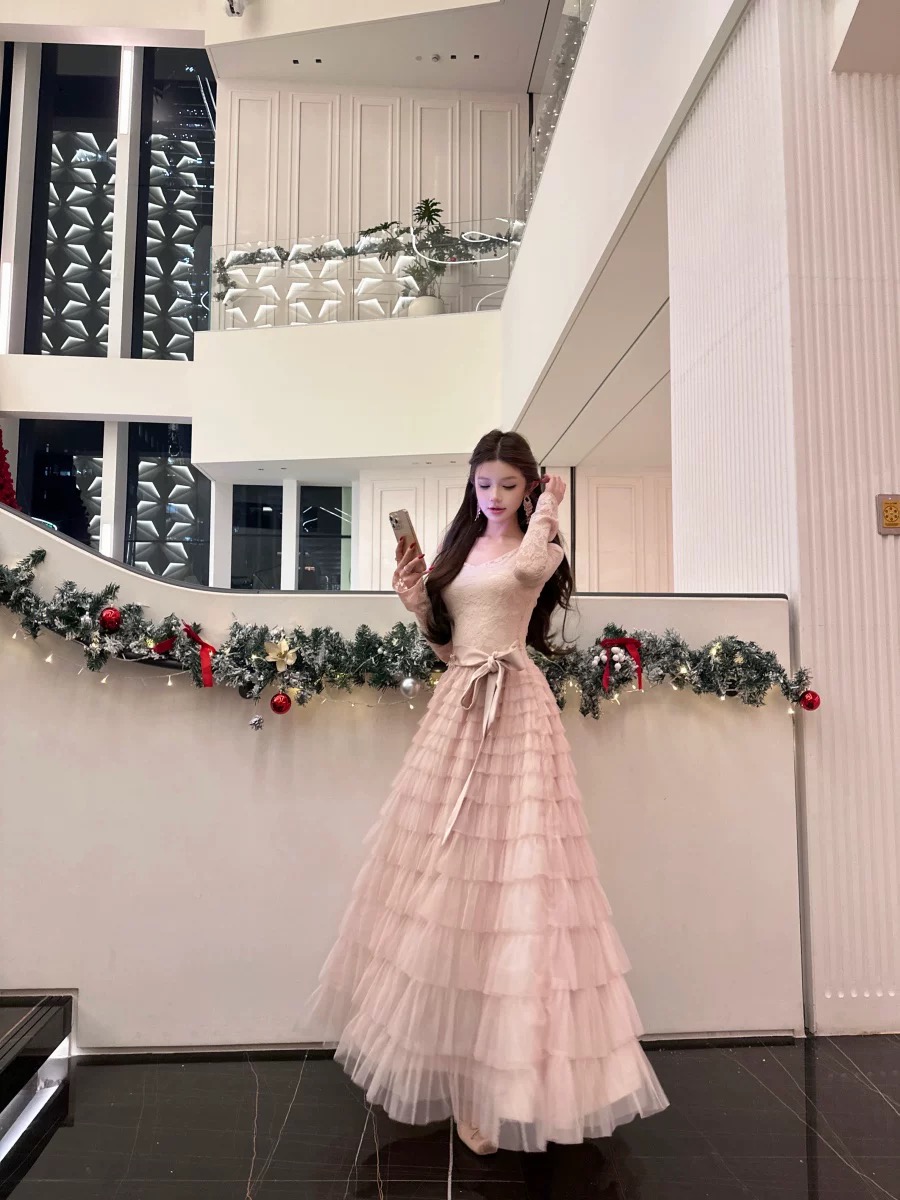 Váy ren tầng dáng dài thắt nơ eo tiểu thư_Y11