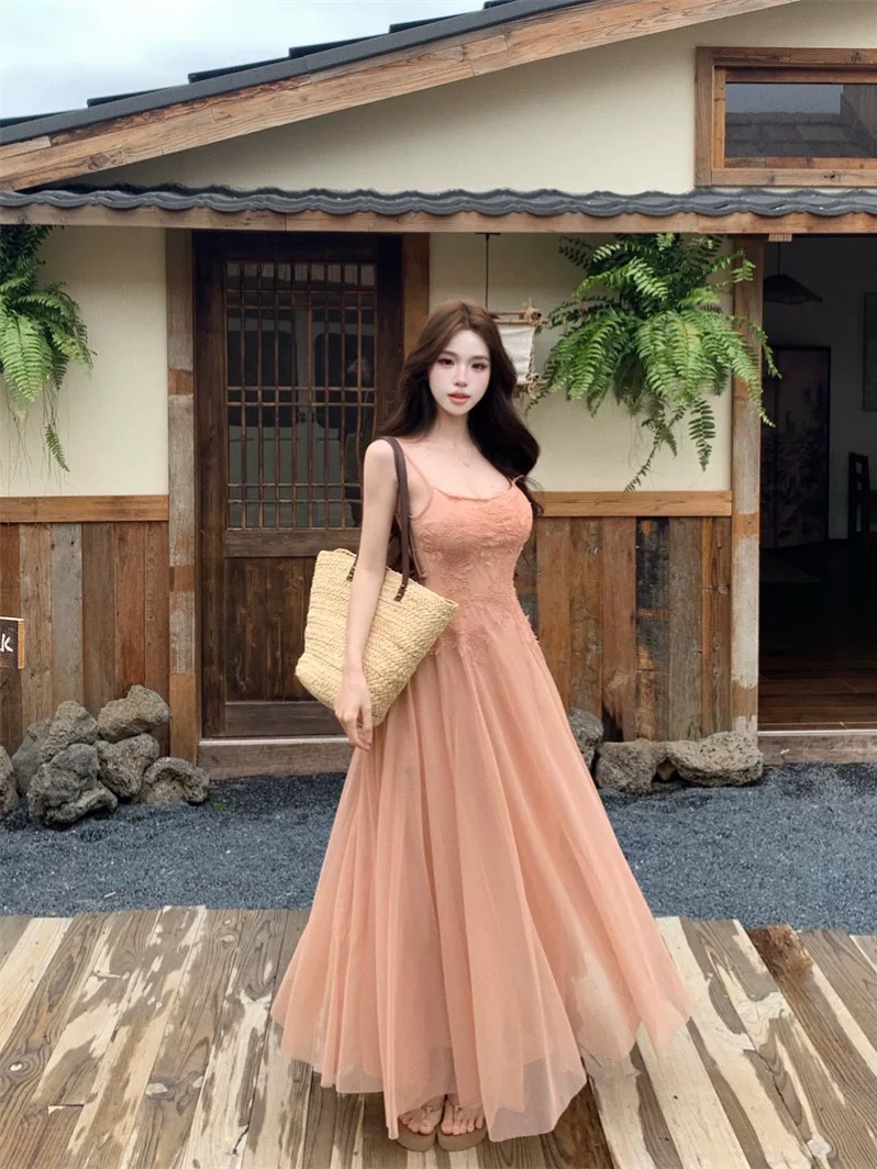 Váy maxi 2 dây dáng dài xòe ren voan thanh lịch nữ tính_Y16