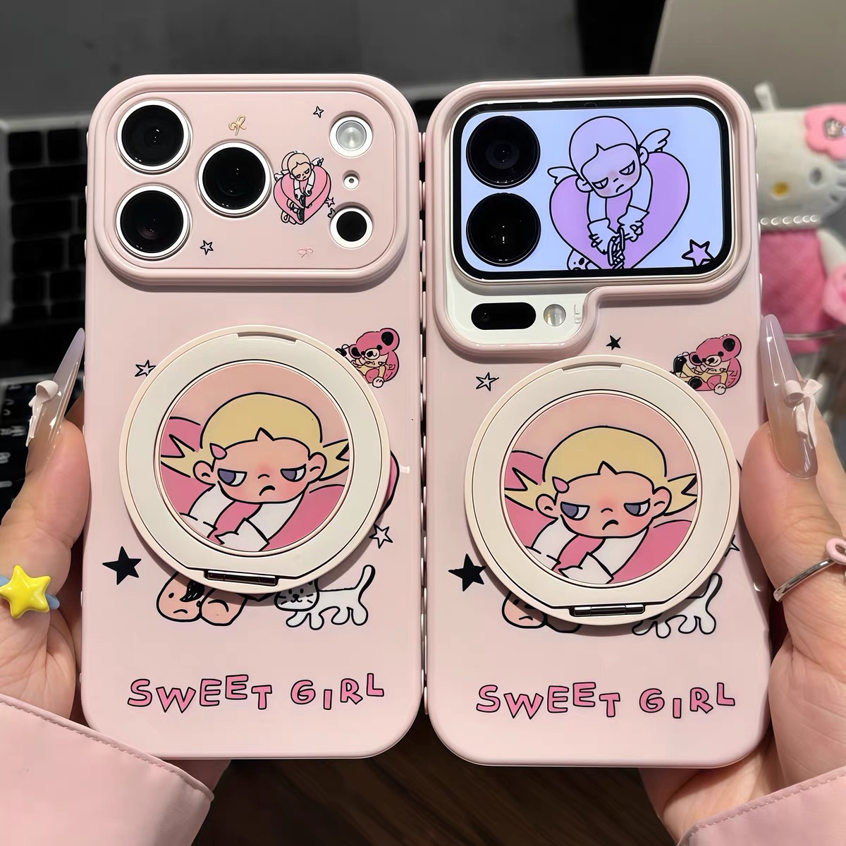 Ốp lưng iPhone Sweet Girl hồng pastel kèm giá đỡ điện thoại_O150 (Iphone, Huawei, Honor, OPPO, Vivo, Xiaomi & Redmi)