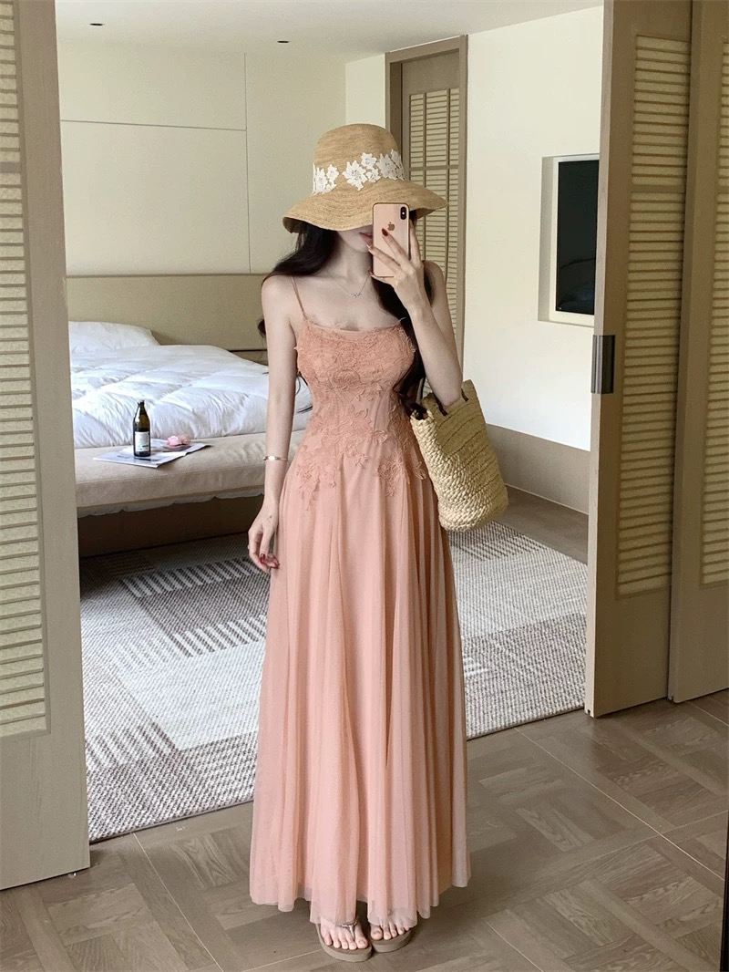 Váy maxi 2 dây dáng dài xòe ren voan thanh lịch nữ tính_Y16