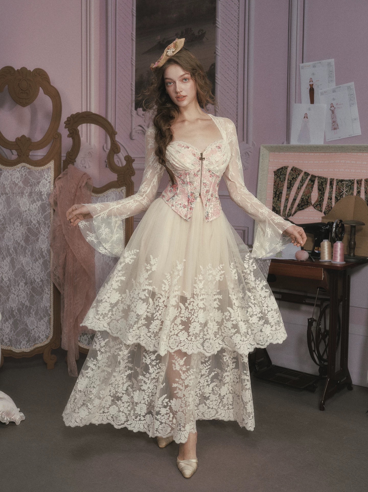Lacemade áo corset hoa nhí hồng vintage phối ren nữ tính_A02