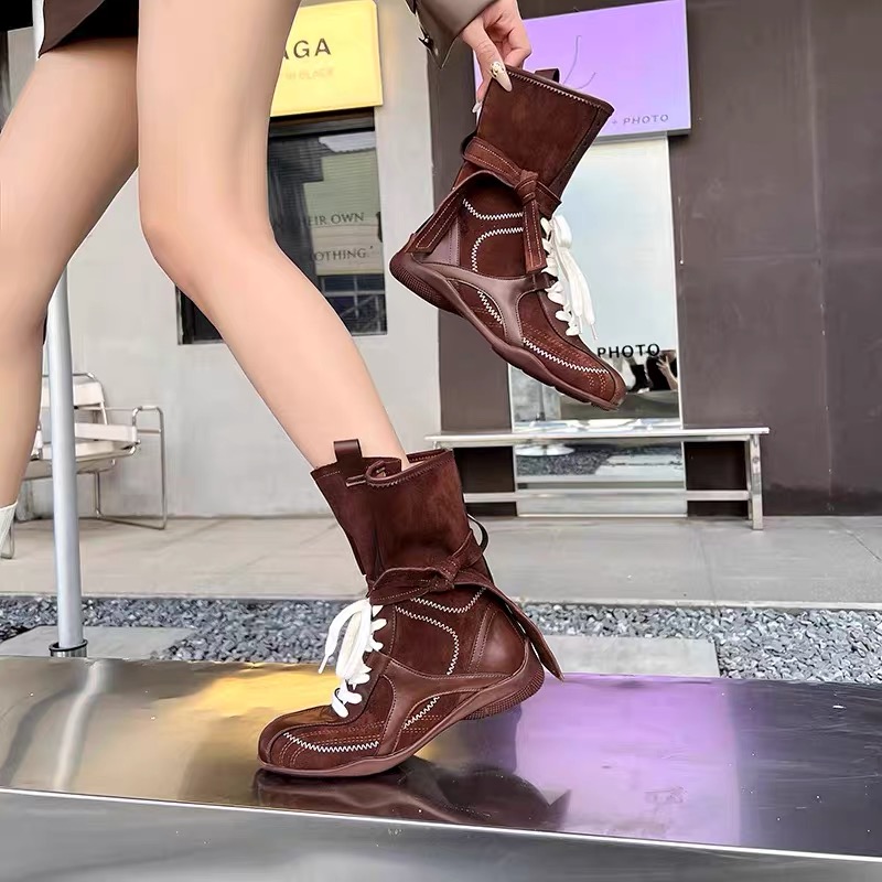 Giày boot cao cổ dây buộc phối khóa phong cách retro cổ điển_B01