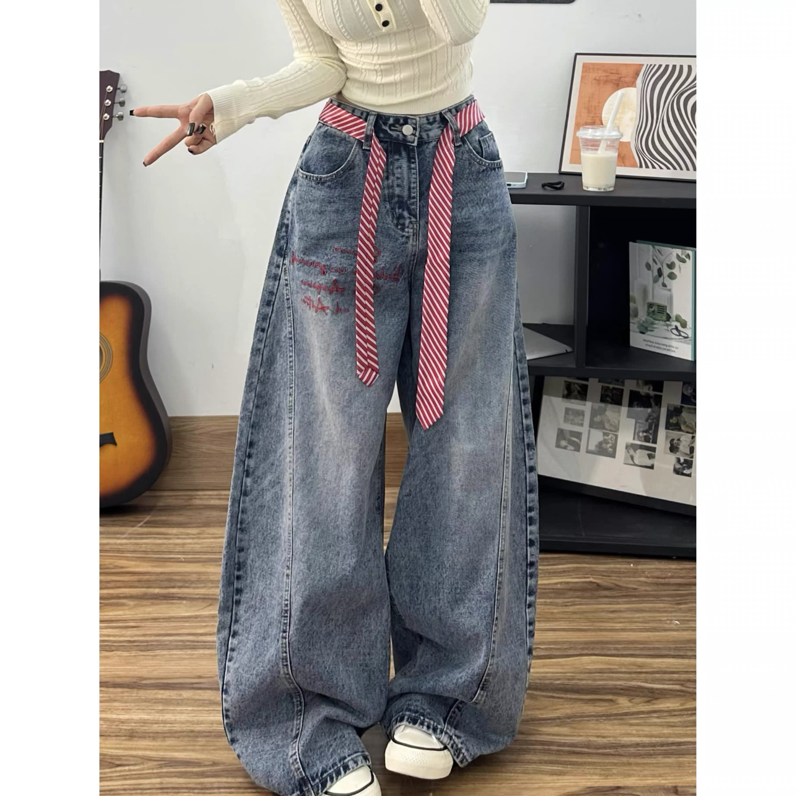 Quần jeans ống phồng phối dây eo_E09