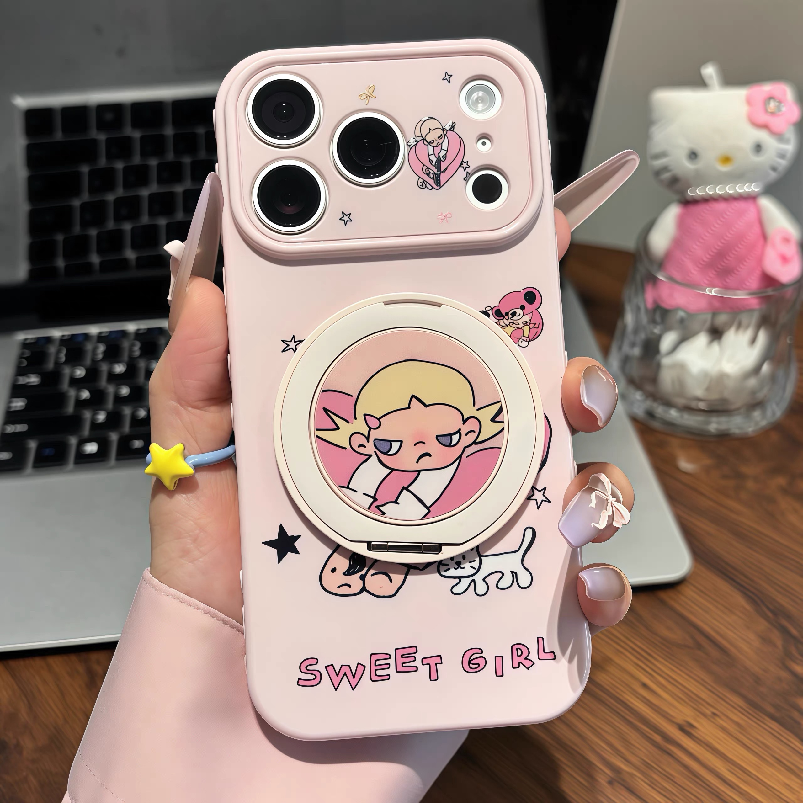 Ốp lưng iPhone Sweet Girl hồng pastel kèm giá đỡ điện thoại_O150 (Iphone, Huawei, Honor, OPPO, Vivo, Xiaomi & Redmi)