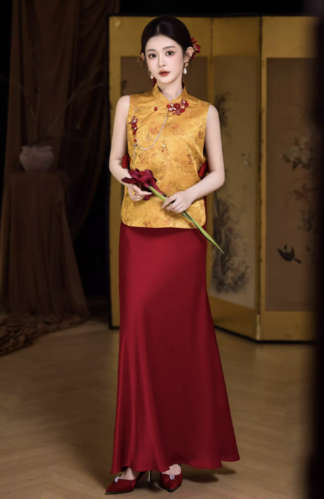 Sườn xám gấm phối váy dài thanh lịch_I51