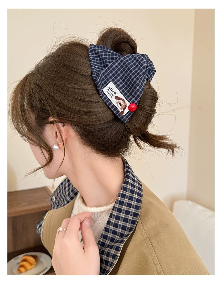 Kẹp tóc nơ caro đính tag cún dễ thương_T10