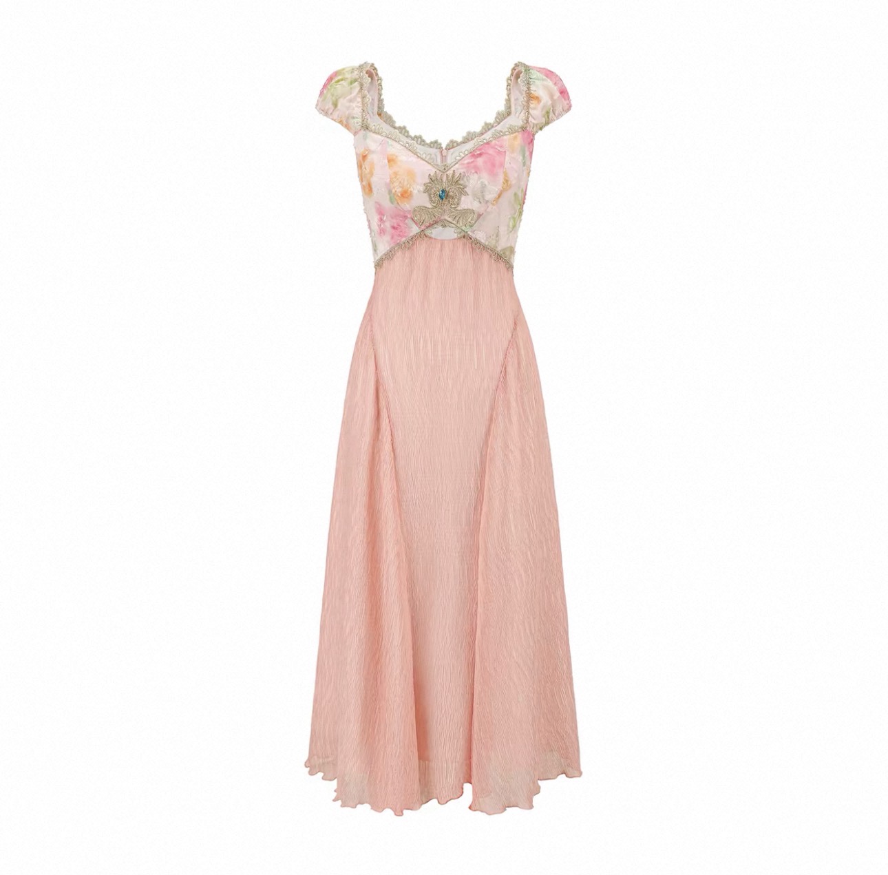 LaceMade váy dài cổ vuông tay ngắn nữ tính_Y110
