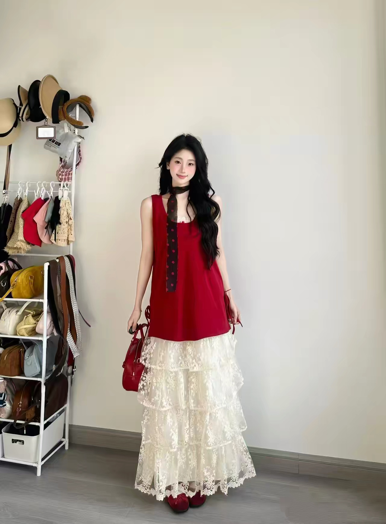 Áo len phối chân váy ren tầng_V46