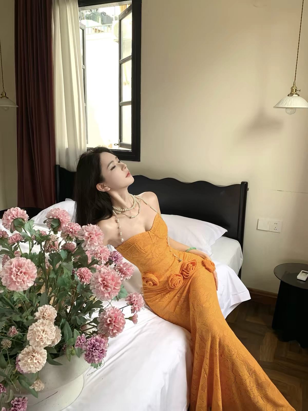 Váy maxi ren dáng ôm phối hoa_Y116
