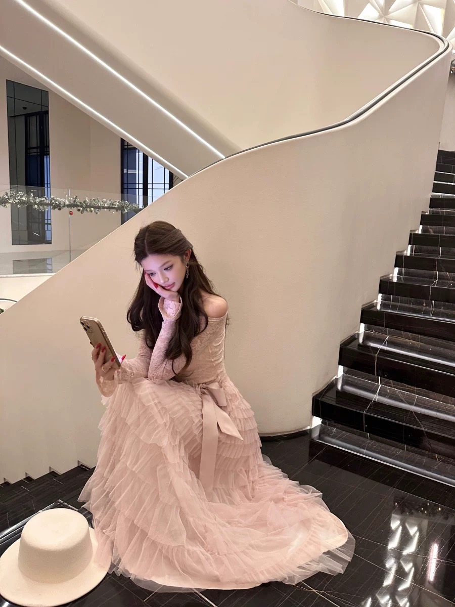 Váy ren tầng dáng dài thắt nơ eo tiểu thư_Y11