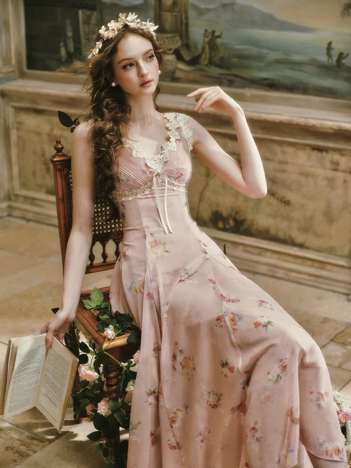 LaceMade váy hoa nhí cổ V phối ren_Y57