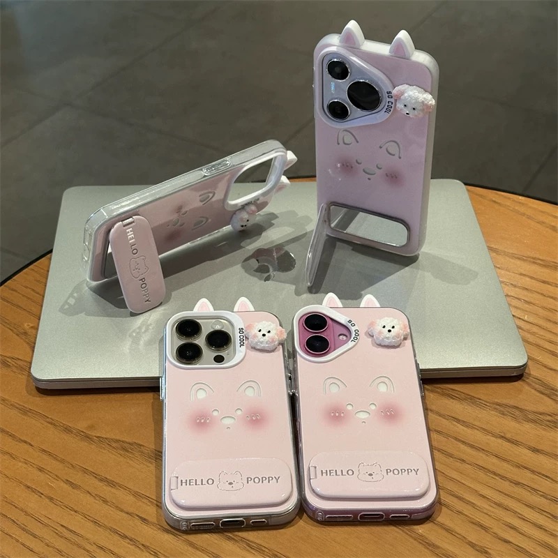 Ốp lưng Hello Poppy tai mèo kèm gương gập_O16 (Iphone, Huawei, Honor, OPPO, Vivo, Xiaomi & Redmi)