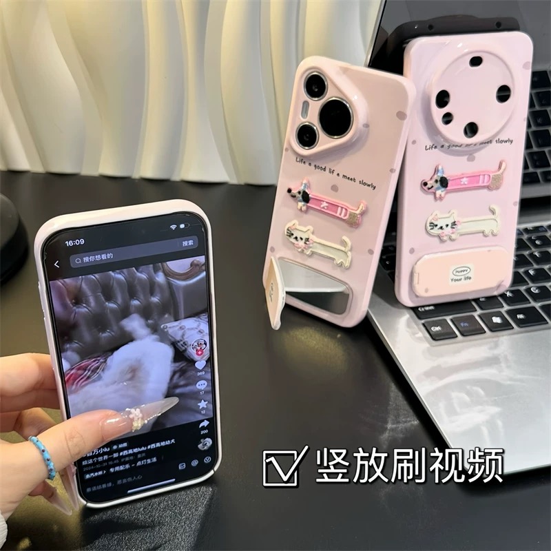Ốp lưng chó mèo dễ thương kèm gương_O07 (Iphone, Huawei, Honor, OPPO, Vivo, Xiaomi & Redmi)