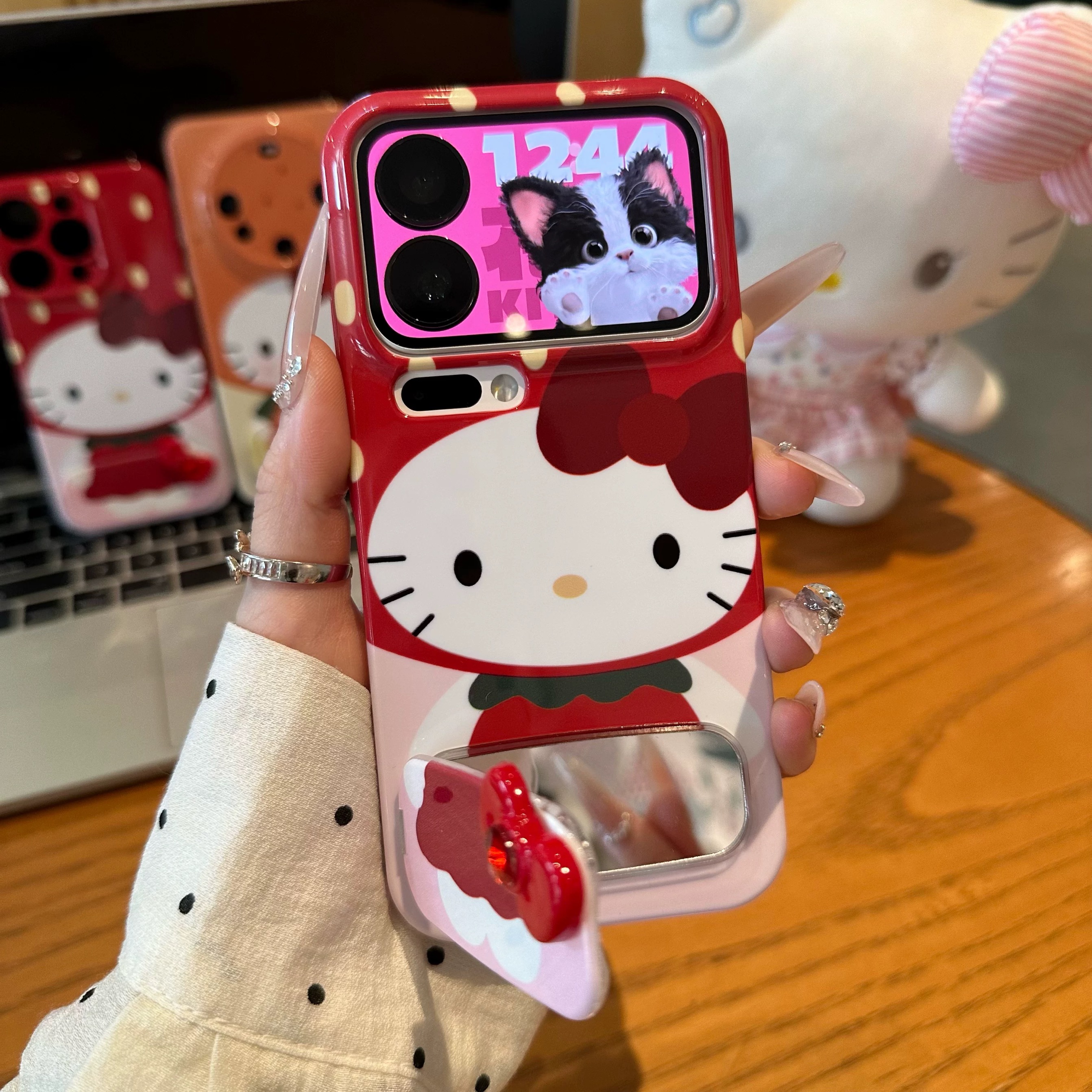 Ốp lưng Hello Kitty nơ đỏ có gương_O12 (Iphone, Huawei, Honor, OPPO, Vivo, Xiaomi & Redmi)