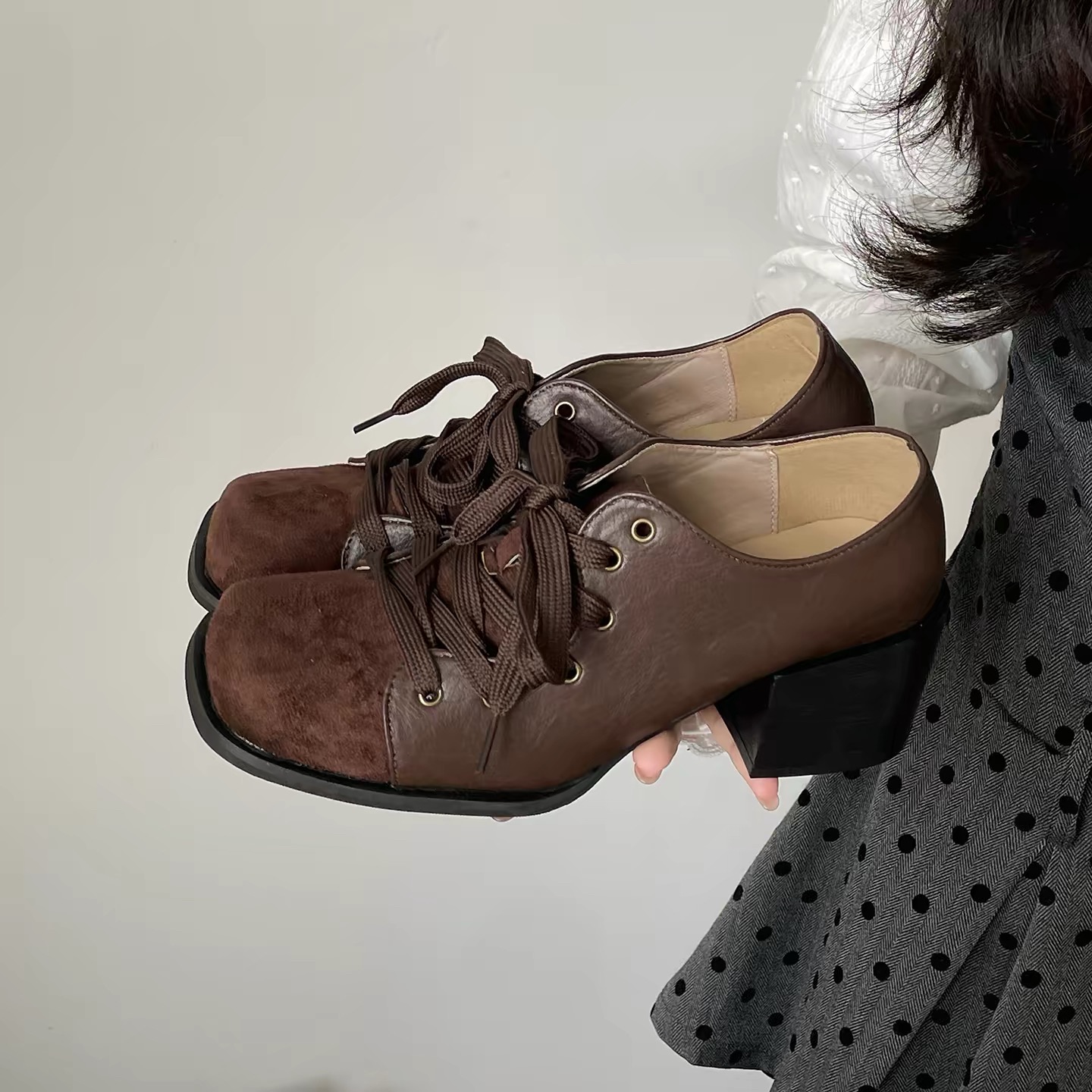 Giày Oxford nữ cao gót đế vuông phối dây buộc_X01
