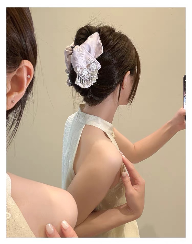Kẹp tóc nơ tím đính bướm tua rua phong cách cổ trang_T19