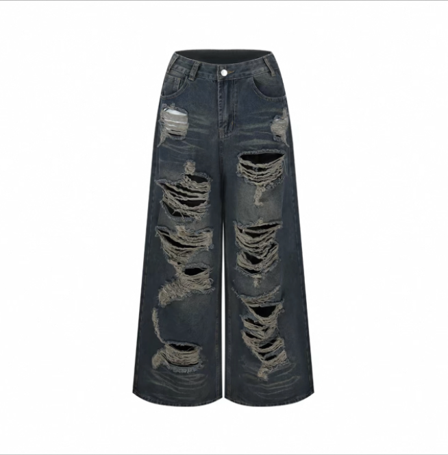 Áo trễ vai phối quần jean ống rộng rách_Q07