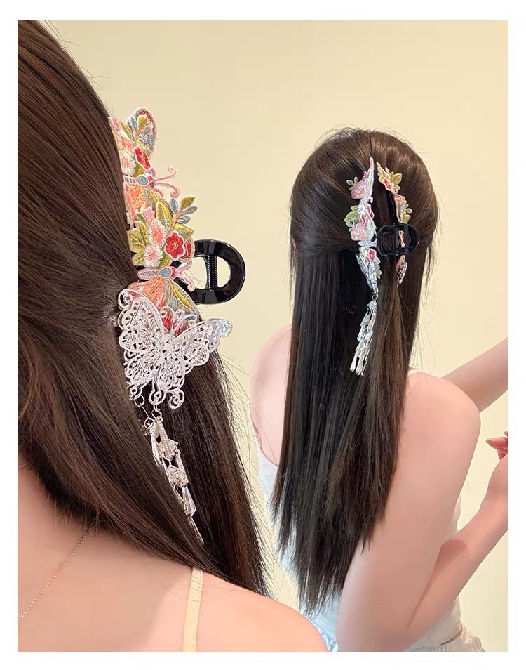 Kẹp tóc bướm thêu hoa tua rua phong cách cổ điển_T23
