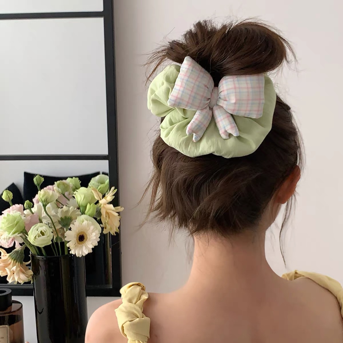 Cột tóc nơ caro phối dây vải_R07