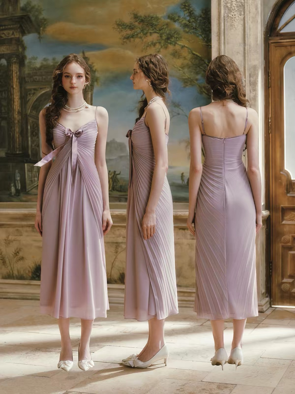 LaceMade váy satin xếp ly dáng dài_Y90