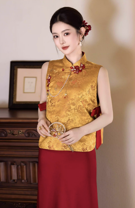 Sườn xám gấm phối váy dài thanh lịch_I51