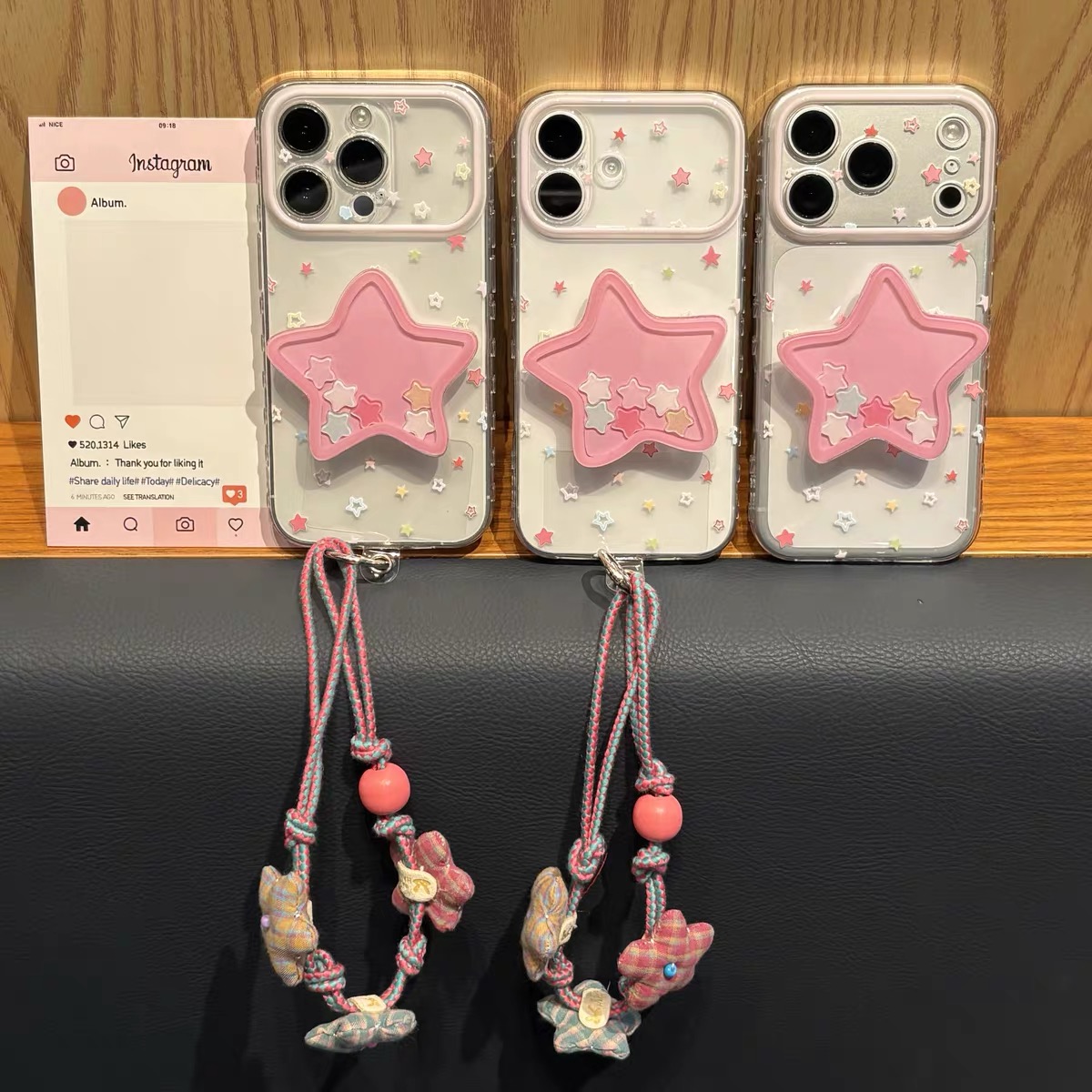 Ốp lưng ngôi sao đính charm dây treo_O173 (Iphone, Huawei, Honor, OPPO, Vivo, Xiaomi & Redmi)