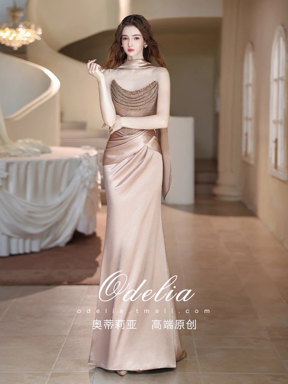 Váy dạ hội đính đá dáng ôm cổ yếm sang trọng_I155