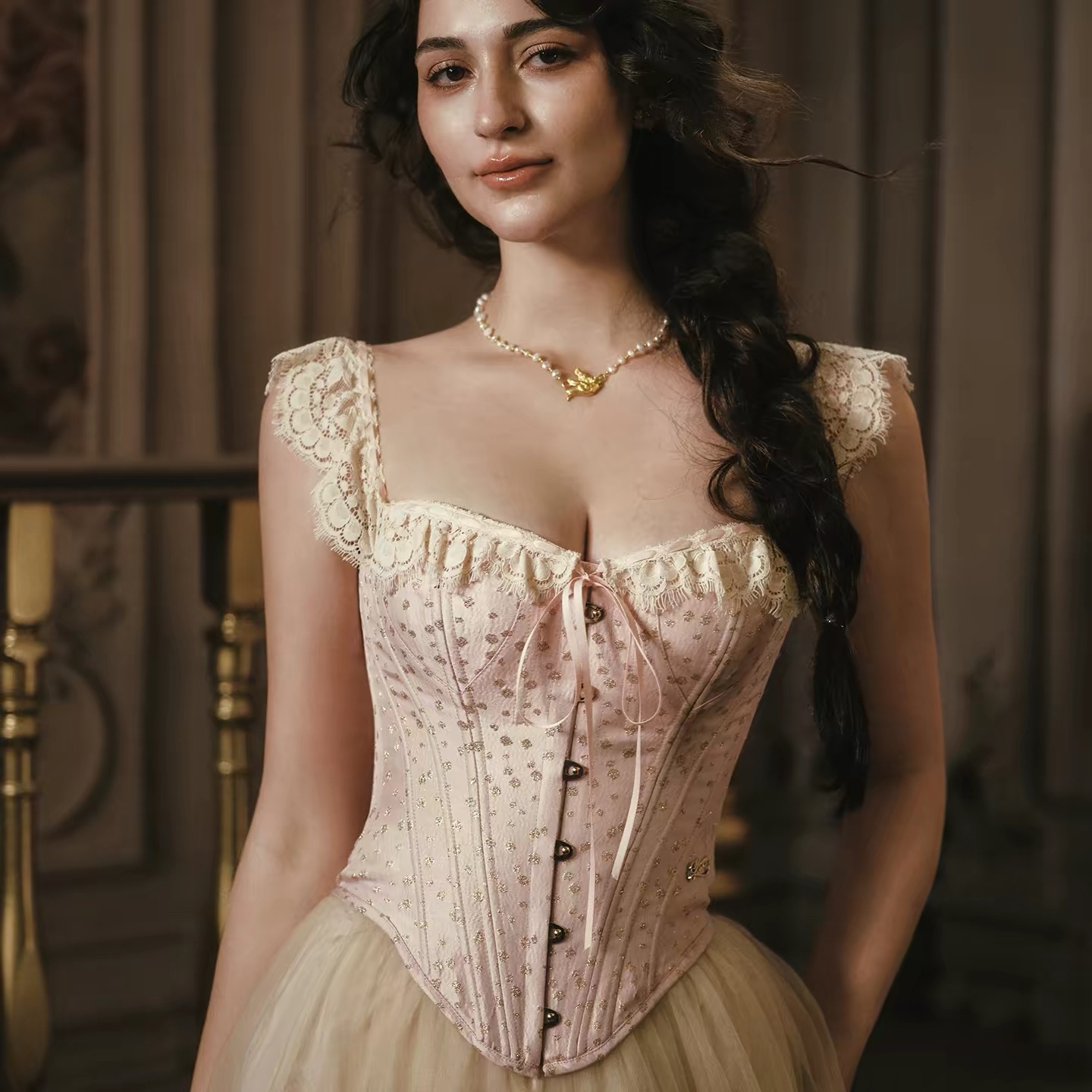 Lacemade váy corset ren vàng kem dáng xòe cổ điển_V31