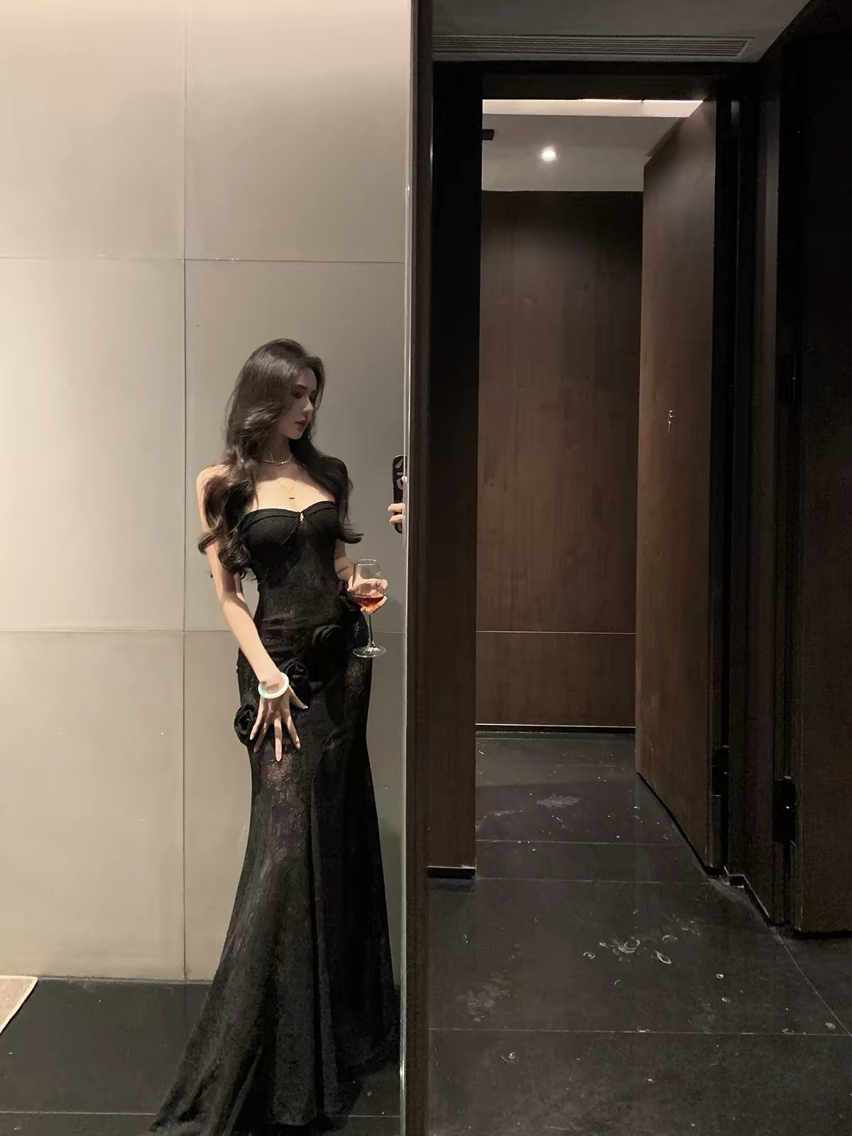 Váy maxi ren dáng ôm phối hoa_Y116