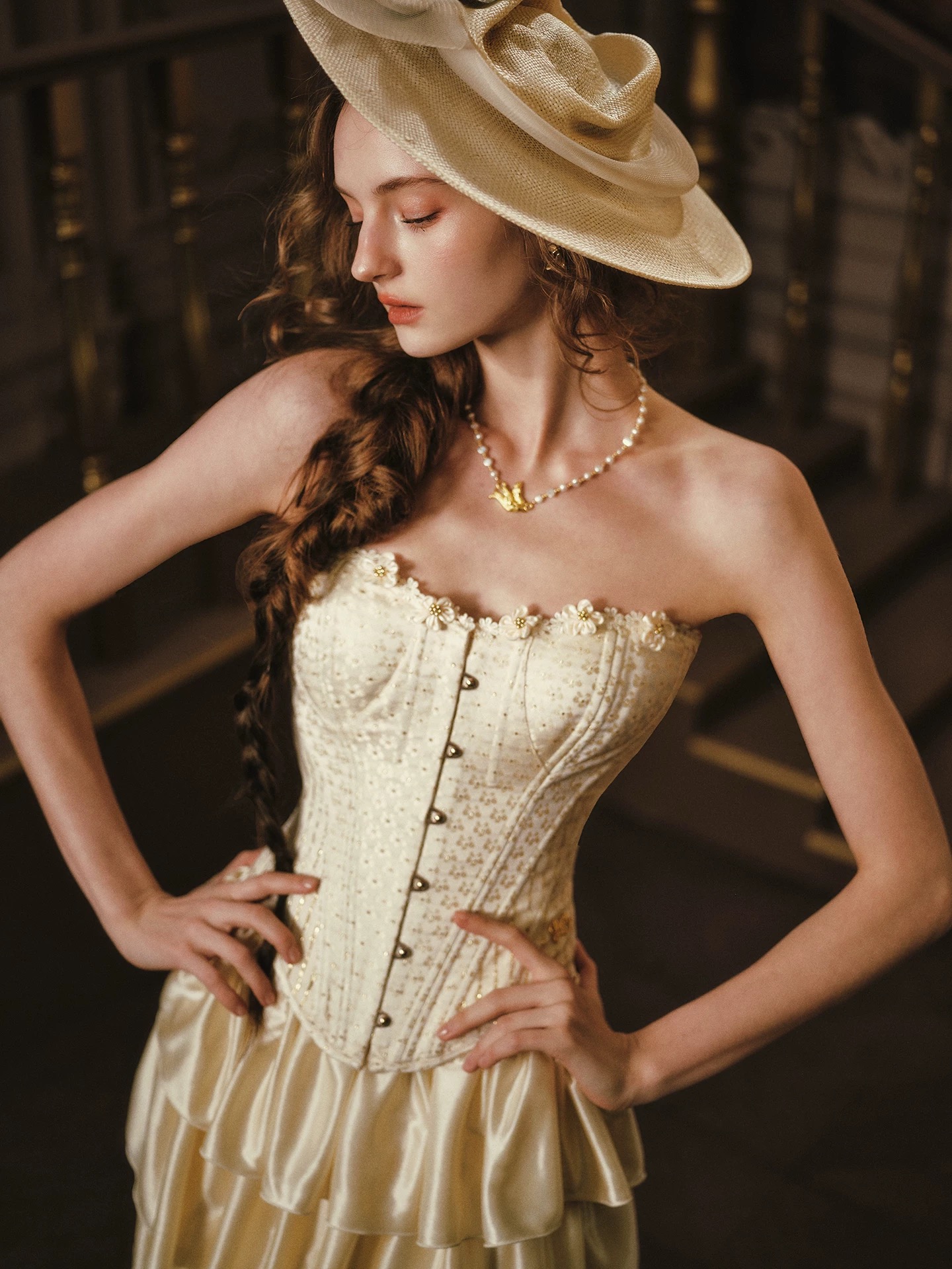 Lacemade váy corset vàng kem tầng vintage công chúa_V29