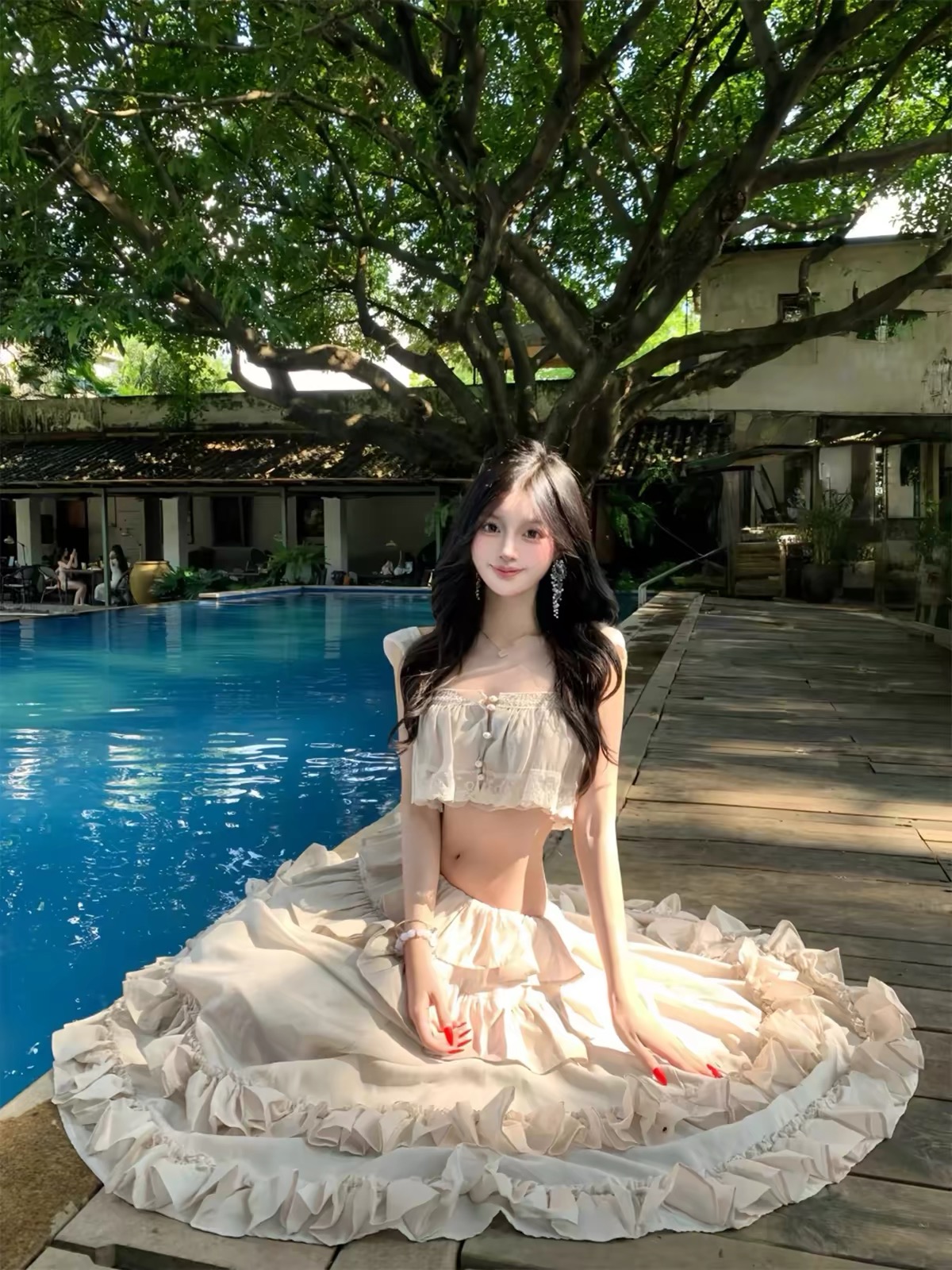Váy maxi trễ vai phối bèo tầng nữ tính_Y115