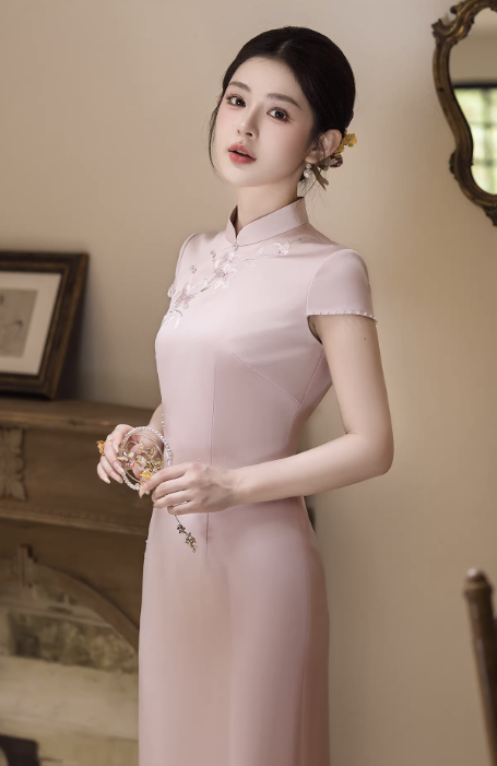 Sườn xám cách tân thêu hoa nổi dáng ôm tôn dáng_I54