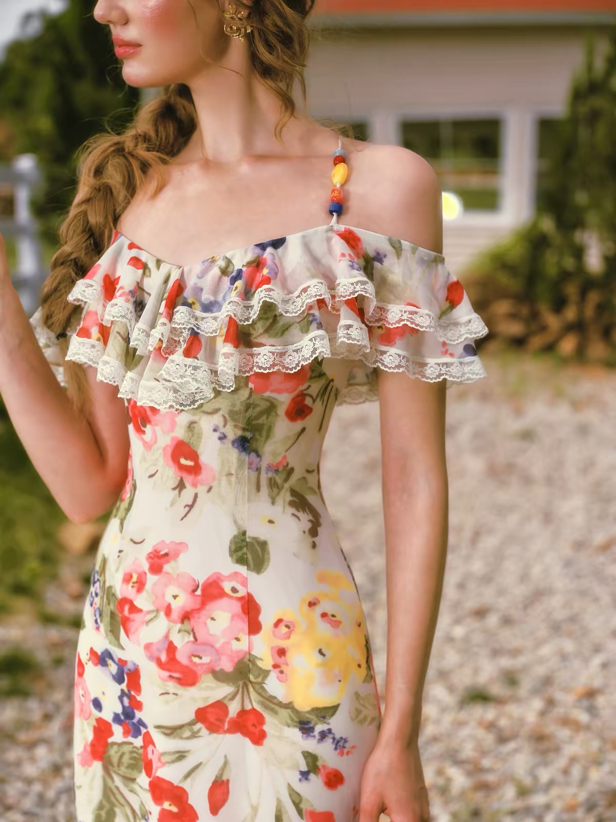 LaceMade váy hoa trễ vai dáng dài_Y108