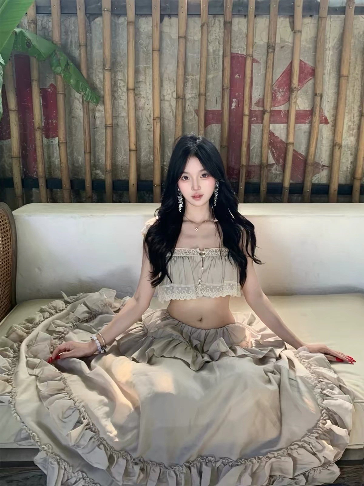 Váy maxi trễ vai phối bèo tầng nữ tính_Y115