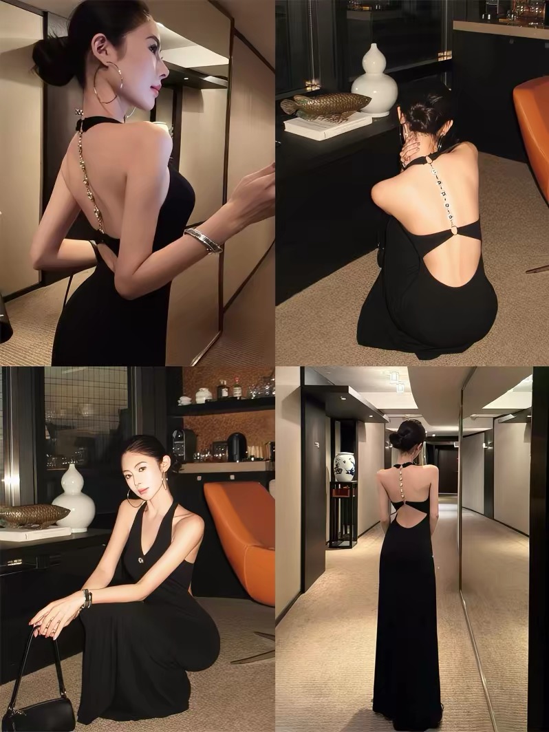 Váy dài cổ yếm hở lưng quyến rũ_Y39