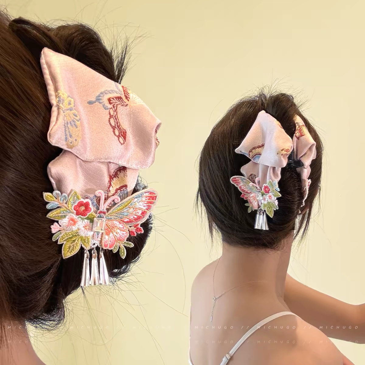 Kẹp tóc bướm lụa thêu hoa tua rua_T24