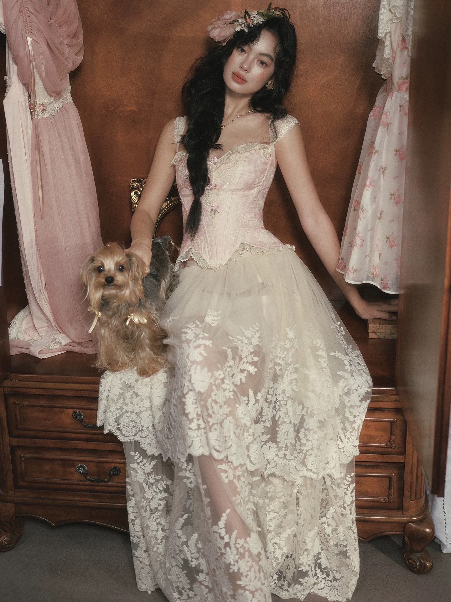 Lacemade váy corset ren hồng kem công chúa vintage_V28