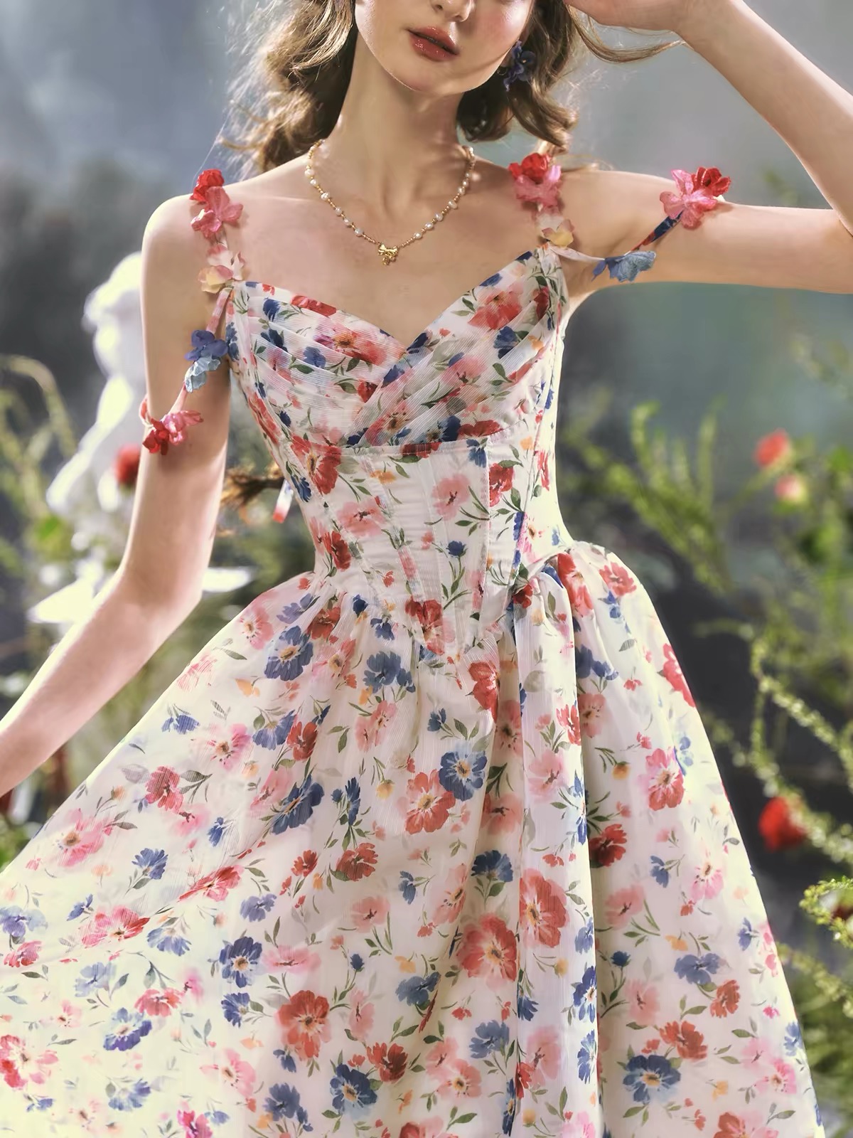 Váy hoa dáng xòe hai dây phối hoa_Y97