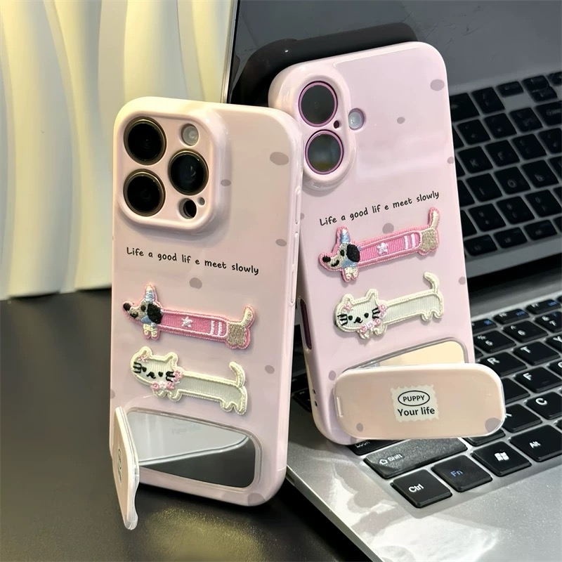 Ốp lưng chó mèo dễ thương kèm gương_O07 (Iphone, Huawei, Honor, OPPO, Vivo, Xiaomi & Redmi)