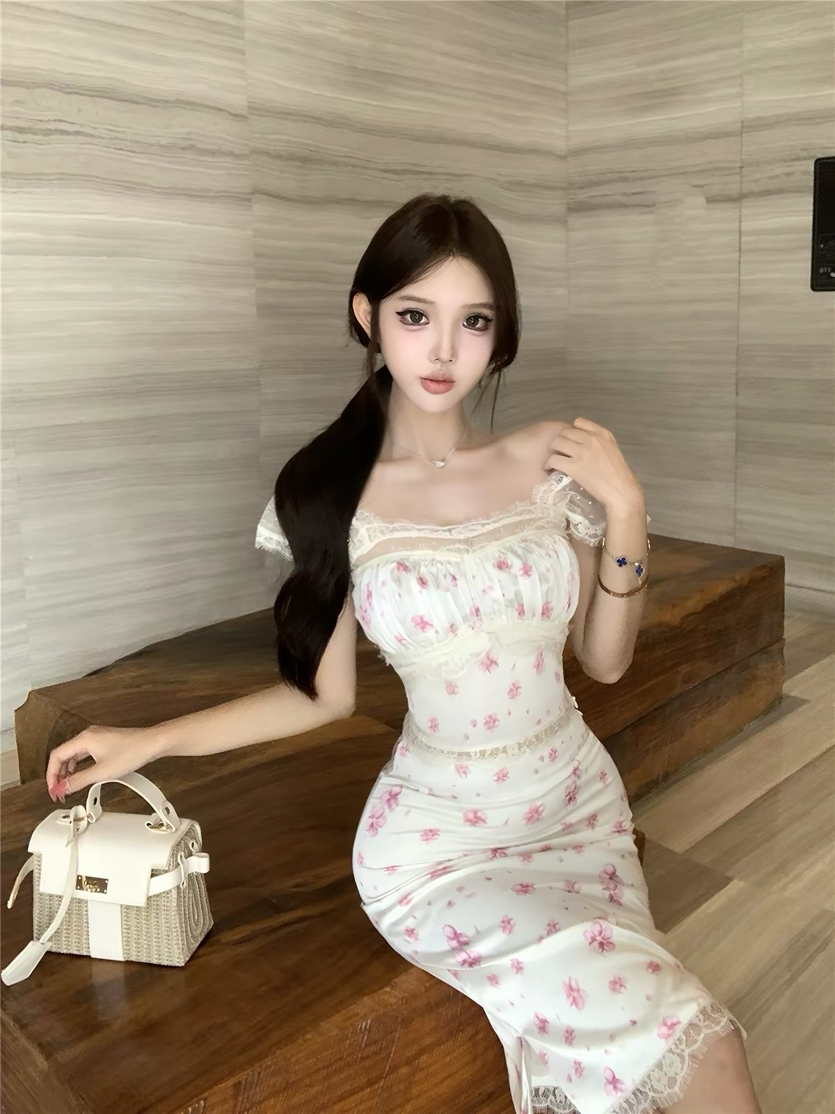 Váy midi ôm dáng phối ren_V44