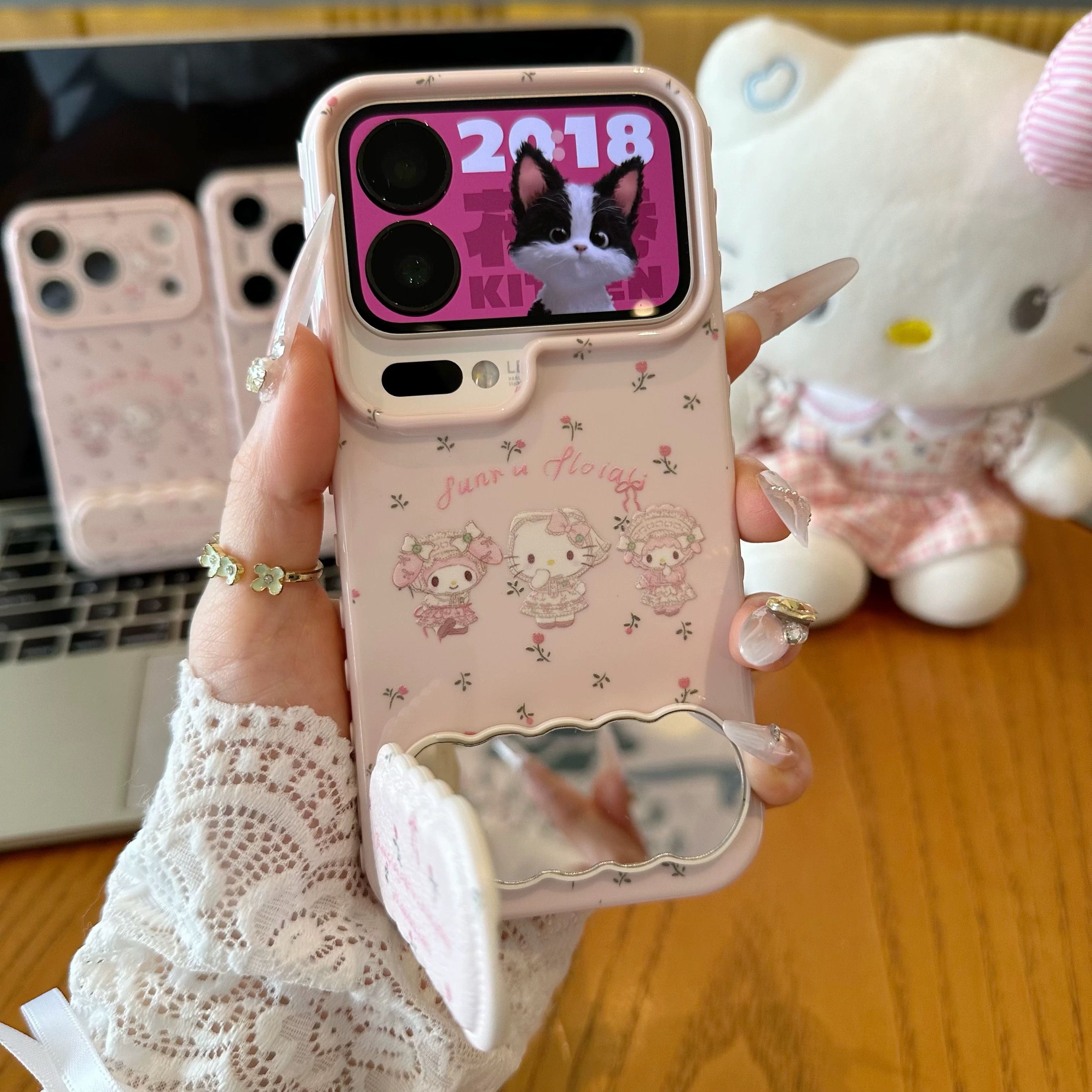 Ốp lưng Hello Kitty & My Melody hoa nhí kèm gương_O98 (Iphone, Huawei, Honor, OPPO, Vivo, Xiaomi & Redmi)