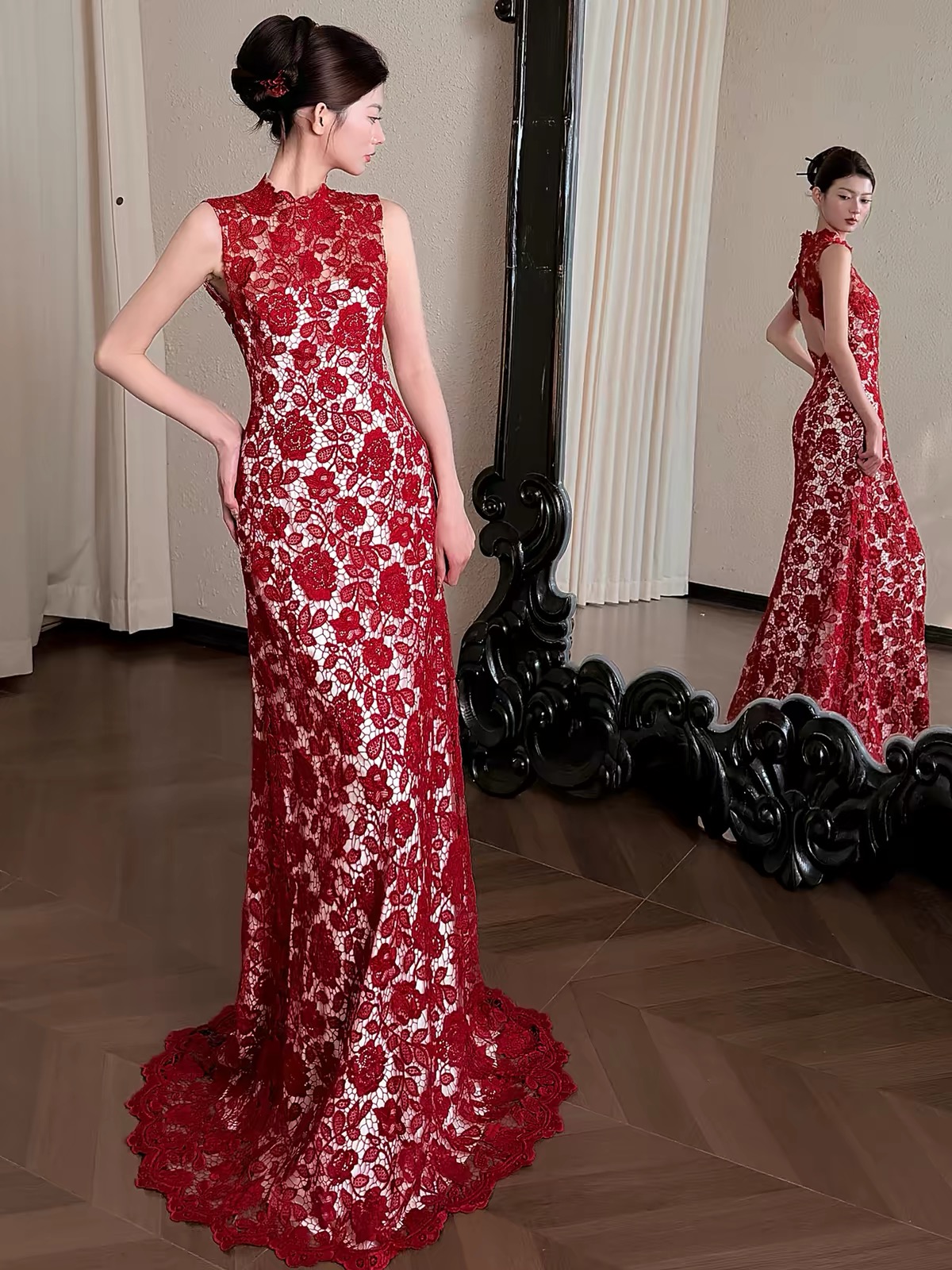 Váy dự tiệc ren hoa dáng dài kèm áo choàng satin_I161