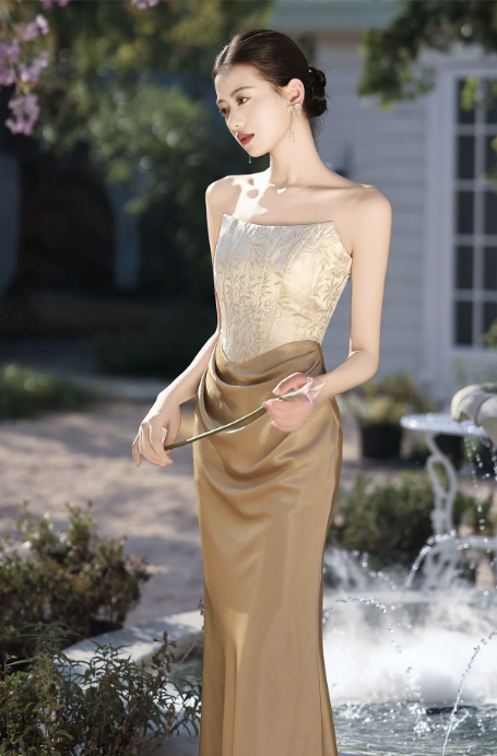 Váy cúp ngực dáng dài satin thêu sang trọng_I58