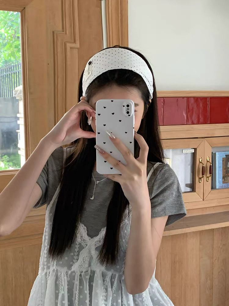 Băng đô cài tóc bản rộng họa tiết chấm bi_L03