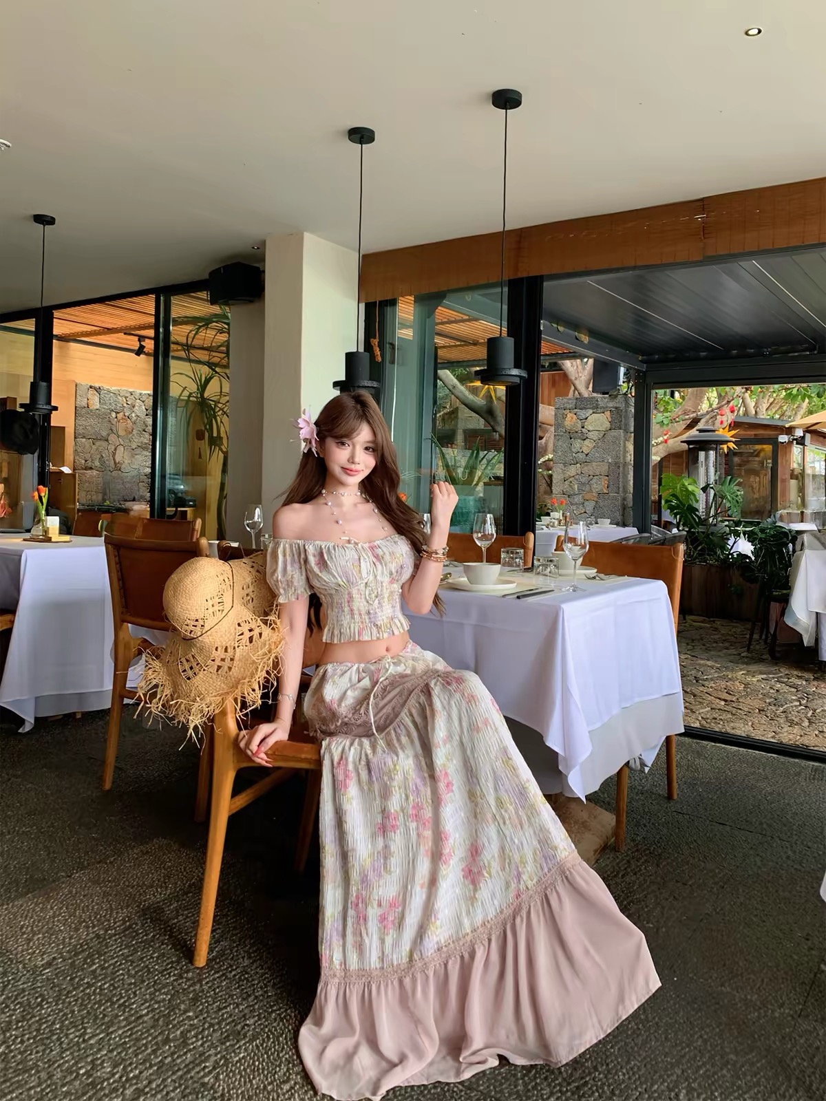 Áo croptop trễ vai phối chân váy maxi_Y98