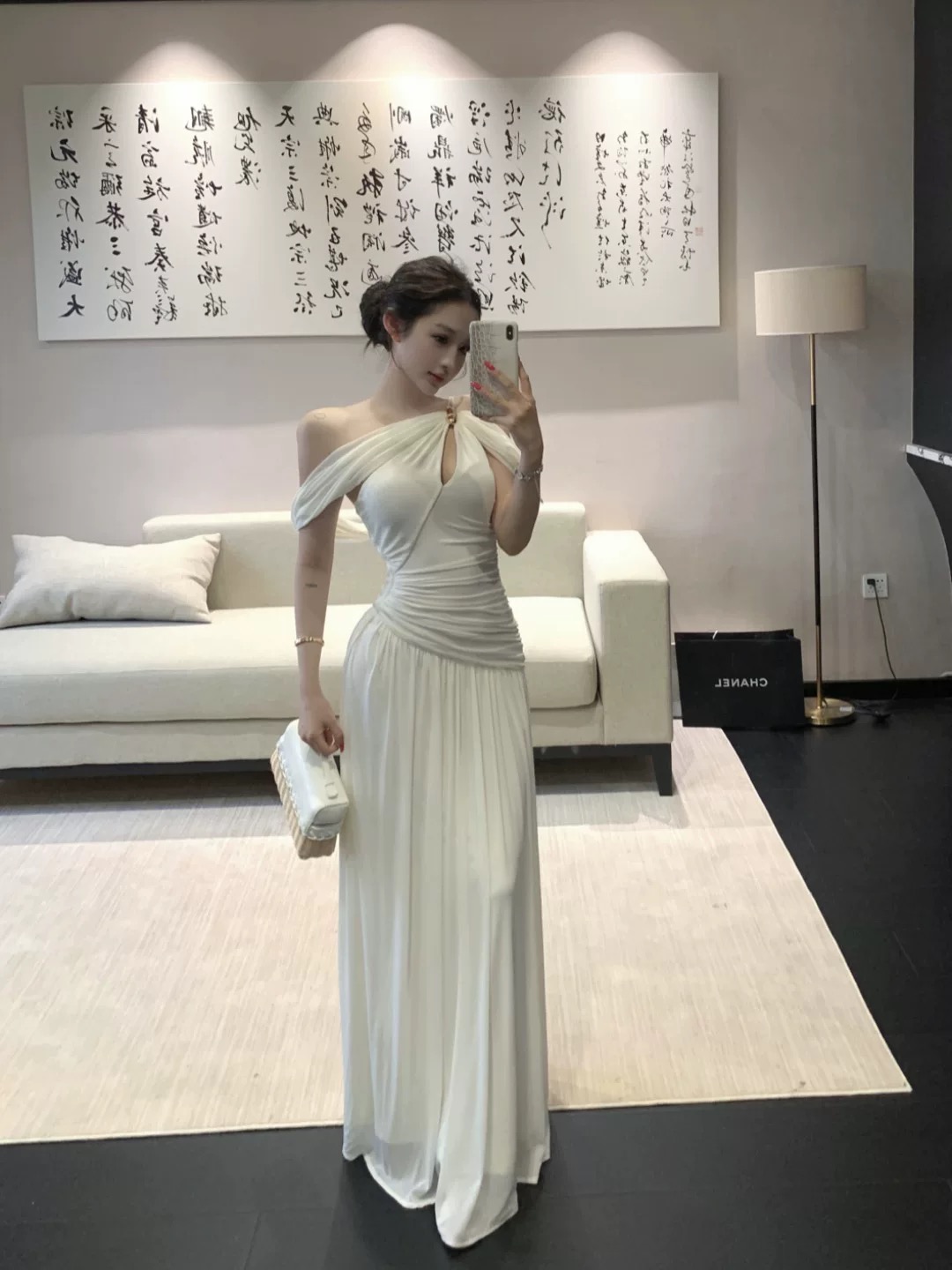 Váy lệch vai draping dáng dài thanh lịch_Y26