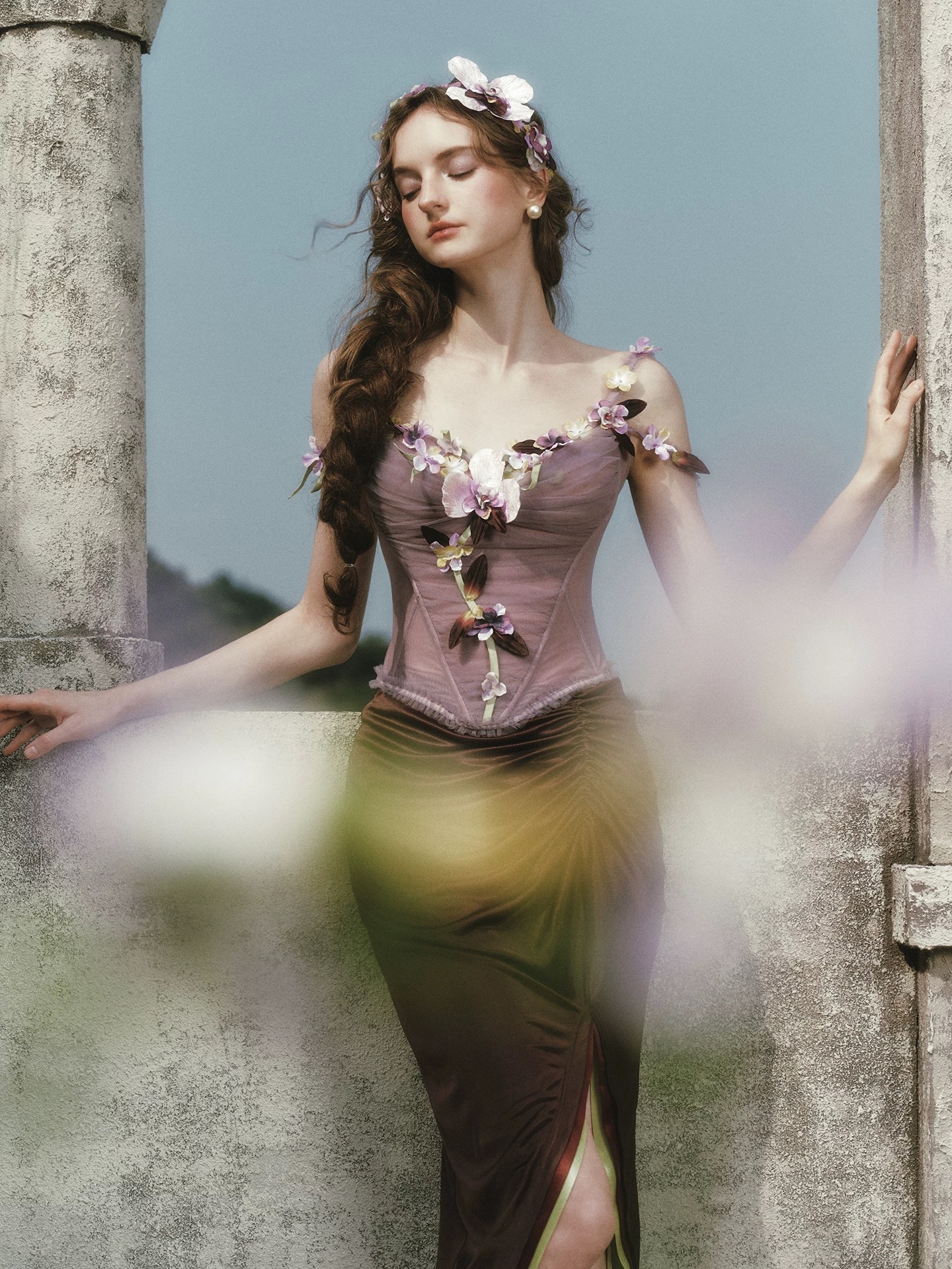 LaceMade váy corset xếp ly đính hoa_V41