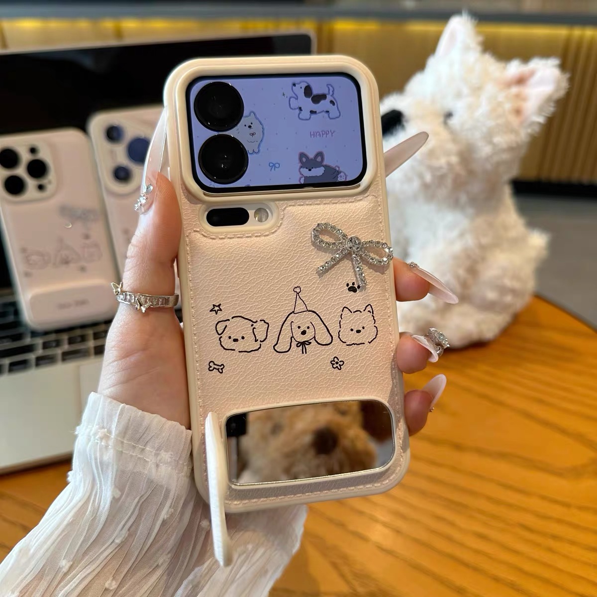 Ốp lưng Cute Puppy nơ đính đá kèm có gương_O155 (Iphone, Huawei, Honor, OPPO, Vivo, Xiaomi & Redmi)